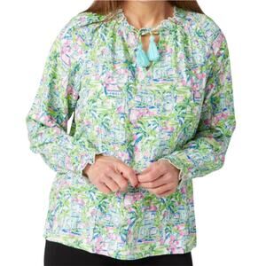 Stella Parker large tropical isle tie front peasant blouse top TLS1 3095